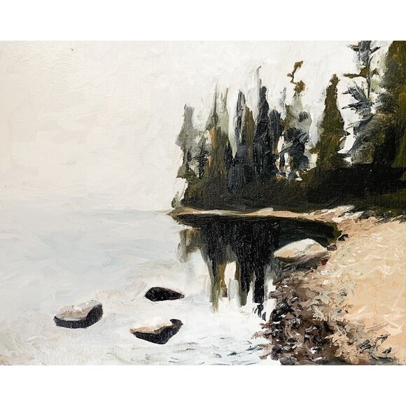 Orig. Oil Landscape Painting Maine Coast Moody Pines Water PNW Signed 8x10 - Picture 1 of 8